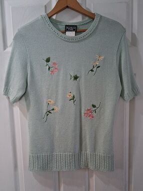 Southern Lady Mint Green Floral Embroidered Short Sleeve Top Vintage
